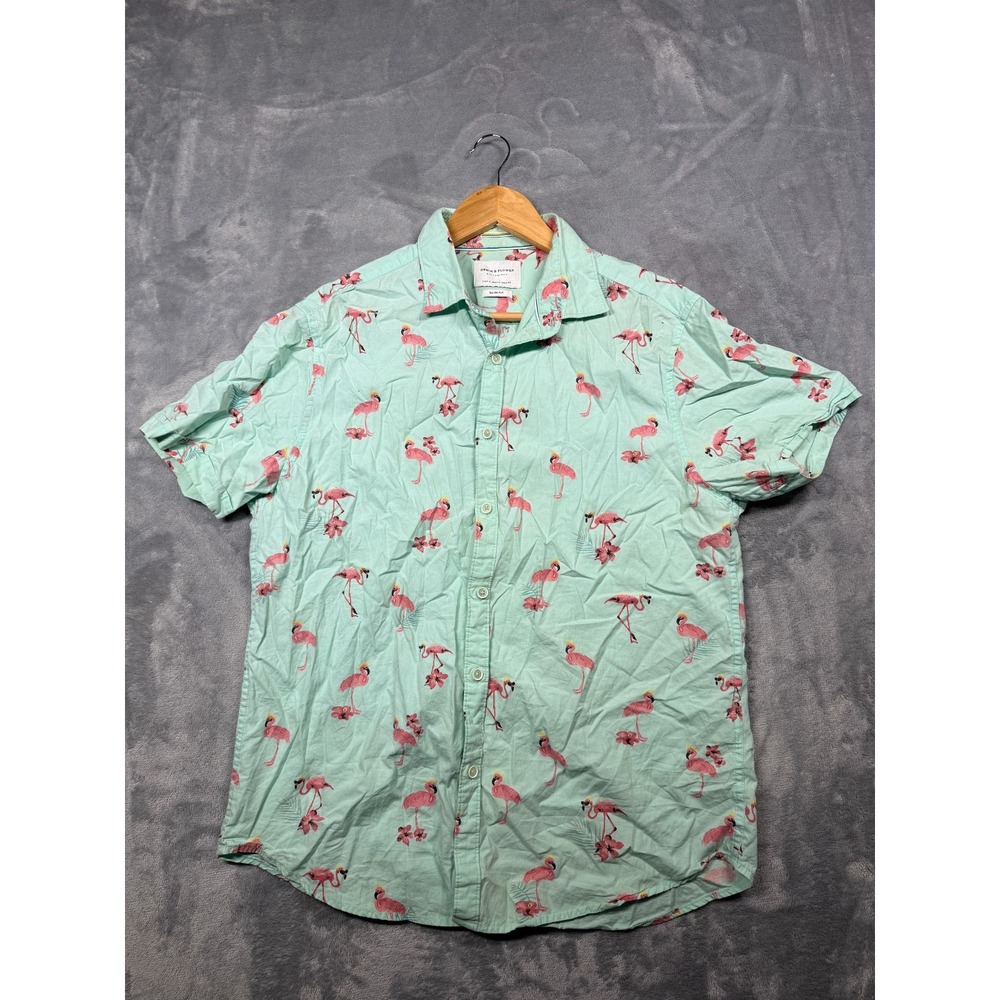 Denim & Flower Ricky Singh Shirt Mens Large Aqua Green Allover Flamingo Print